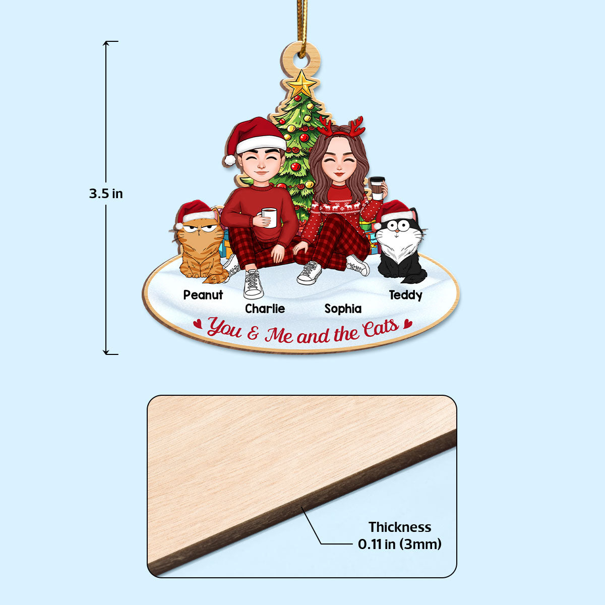 Couple And The Cats Under Christmas Tree Personalized Wooden Ornament