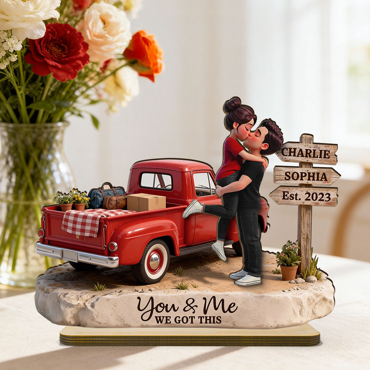 Romantic Couple Pickup Truck Sign Post - Personalized 2-Layered Wooden Plaque - Heartfelt Valentine's Day Gift For Couple, Farmhouse Decor