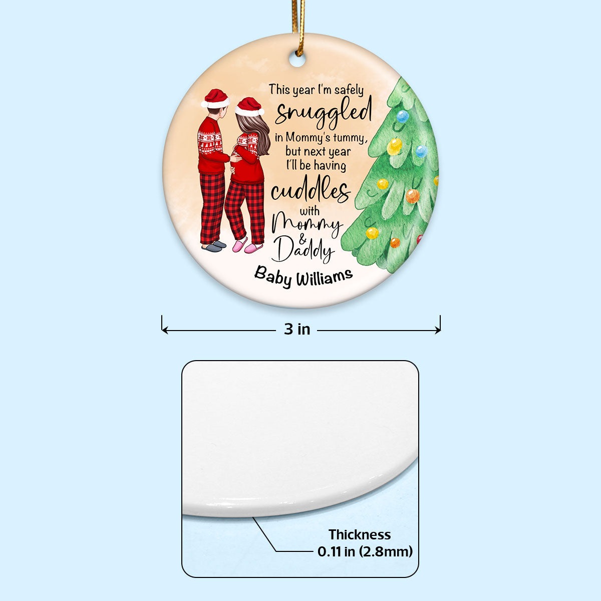 Bump Christmas, Pregnant Couple Ornament, Snuggled in Mommy's Tummy, Personalized Circle Ceramic Ornament