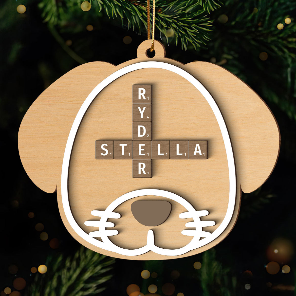 Dog Face Crossword Names Personalized 2-Layer Wooden Ornament, Christmas Gift for Dog Lovers