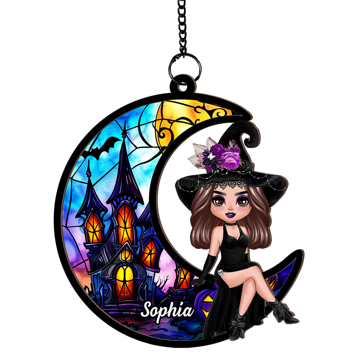 Halloween Witch Sitting On Moon Personalized Suncatcher, Halloween Decoration