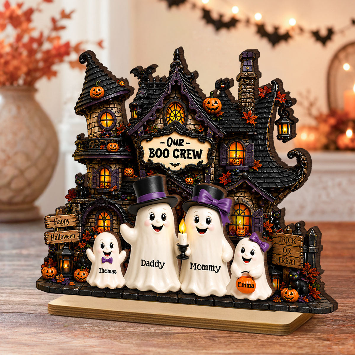 Halloween Ghost Family Boo Crew - Personalized 2-Layered Wooden Plaque - Halloween Decor Gift, Gift For Family