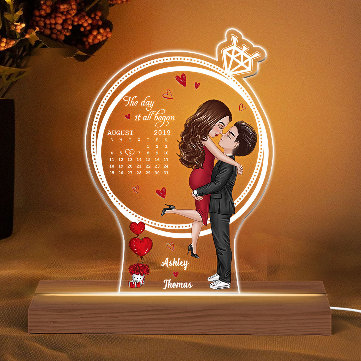 Doll Couple Hugging Kissing Ring Shape Calendar Anniversary Date Personalized Custom Shape LED Night Light
