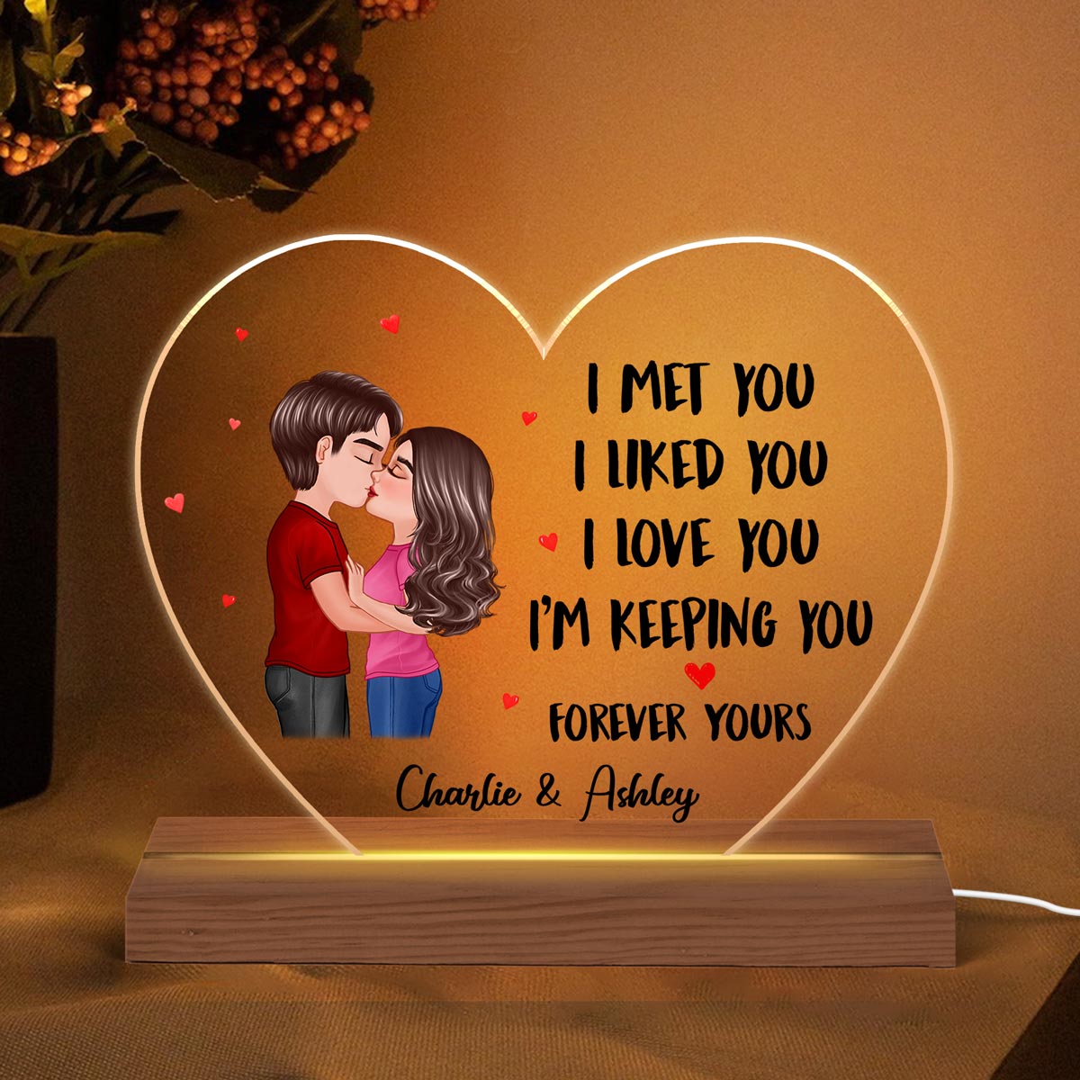 Doll Couple Kissing Gift For Him For Her Personalized Custom Shape Acrylic Plaque With LED Night Light
