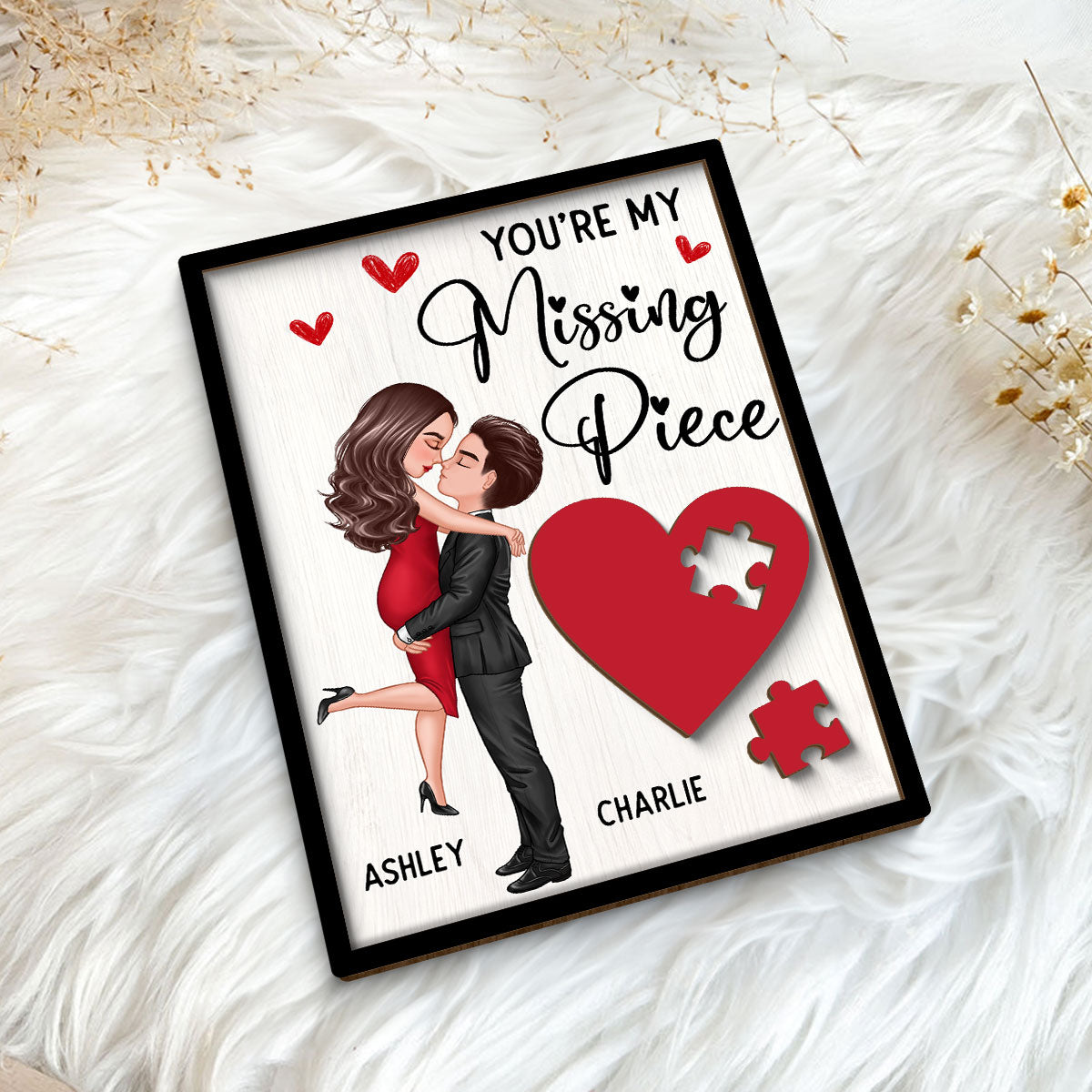 Couple Missing Piece Red Heart Valentine‘s Day Gift Personalized 2-layer Rectangle Wooden Plaque