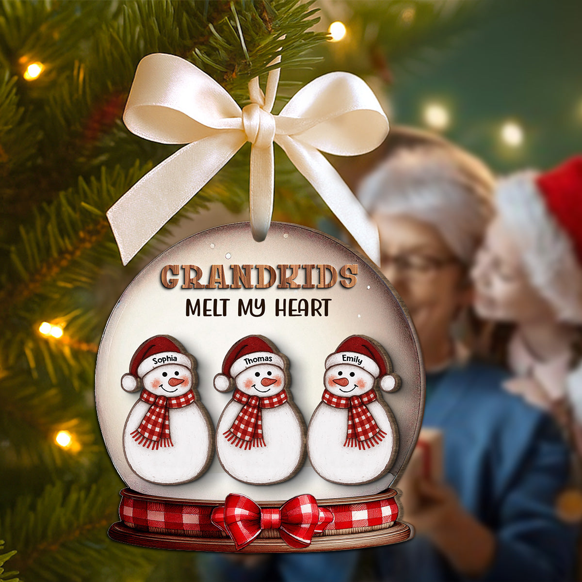 Grandkids Melt Our Hearts Folk Art Snowman - Personalized 2-Layer Wooden Ornament - Christmas Decor