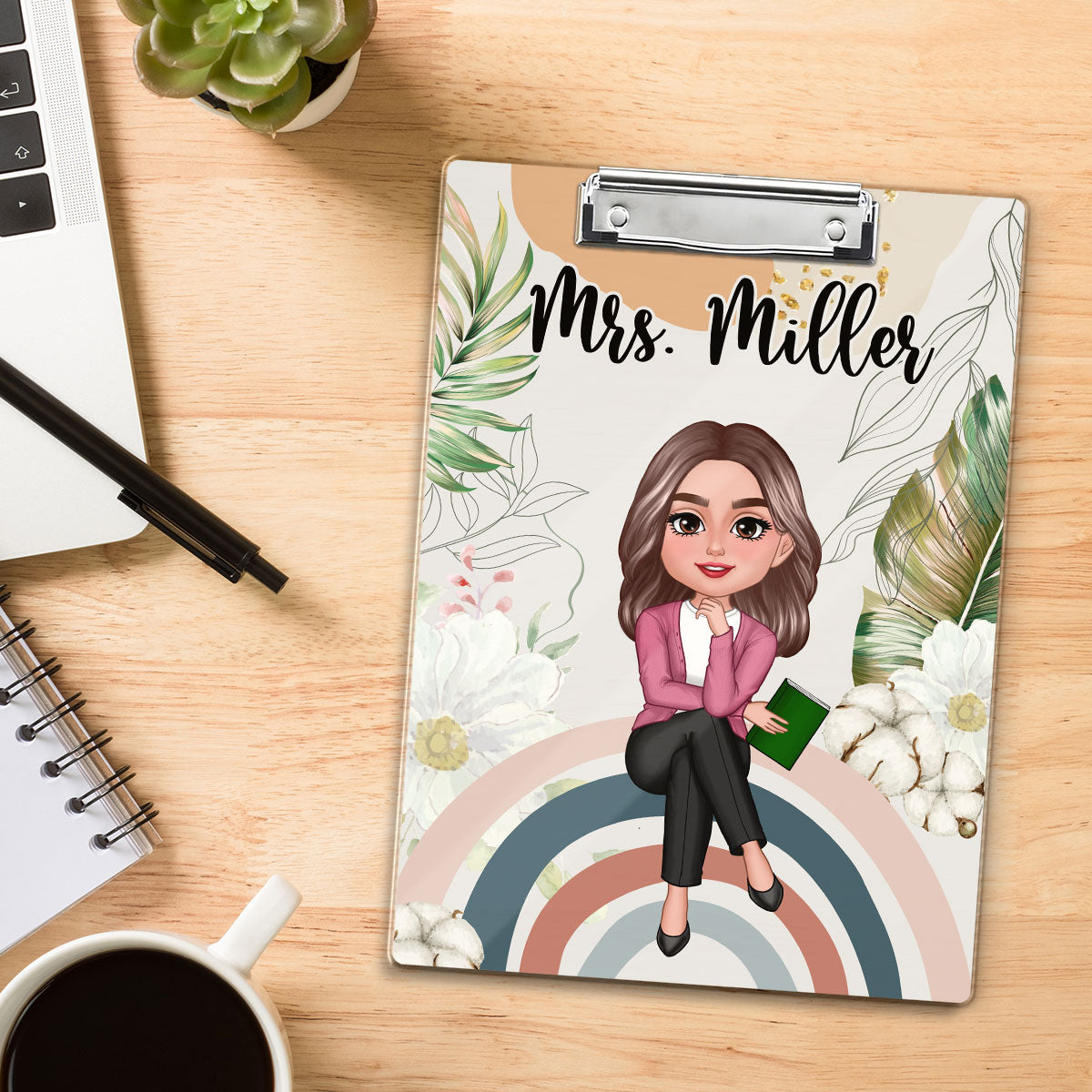 Teacher Sitting On Rainbow Personalized Clipboard, Gift For Teacher, Teacher Appreciation Gift, Back To School Gift