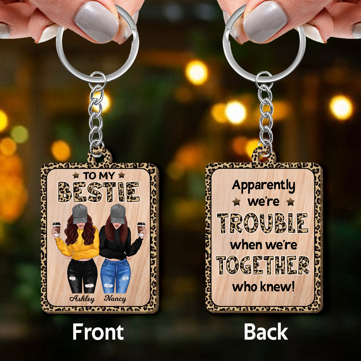 Leopard Front View Besties To My Bestie Personalized Wooden Keychain
