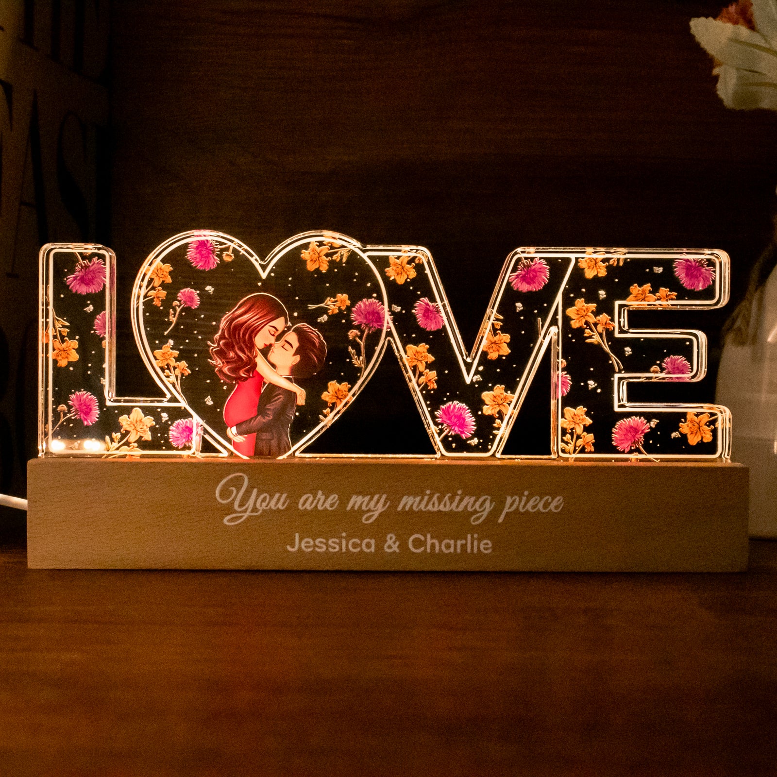 Couple Romantic Love Custom Flower Printed LED Night Light, Birth Month Flower, Thoughtful  Gift for her, Gift for him