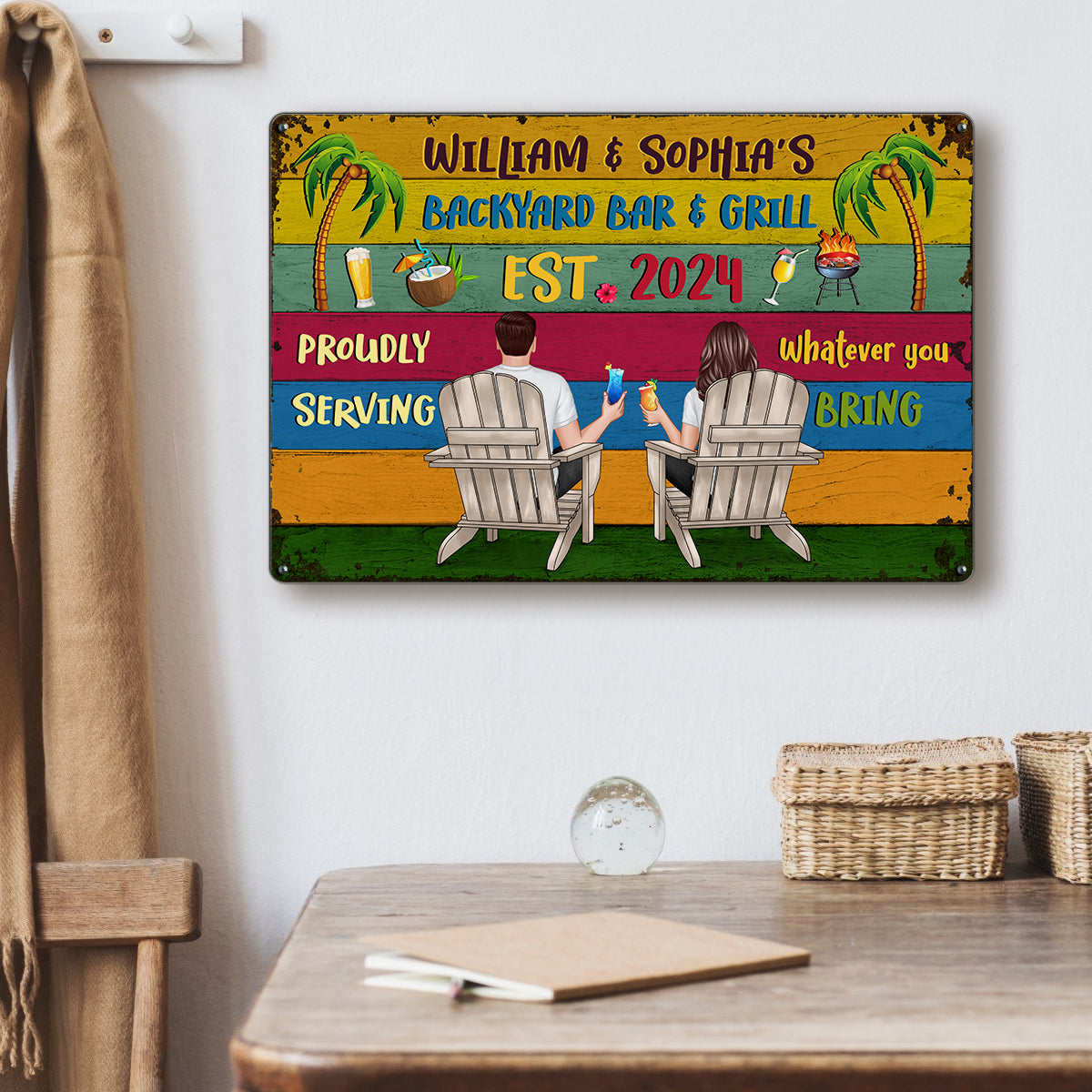 Welcome To Backyard Bar & Grill Back View Couple Personalized Metal Sign