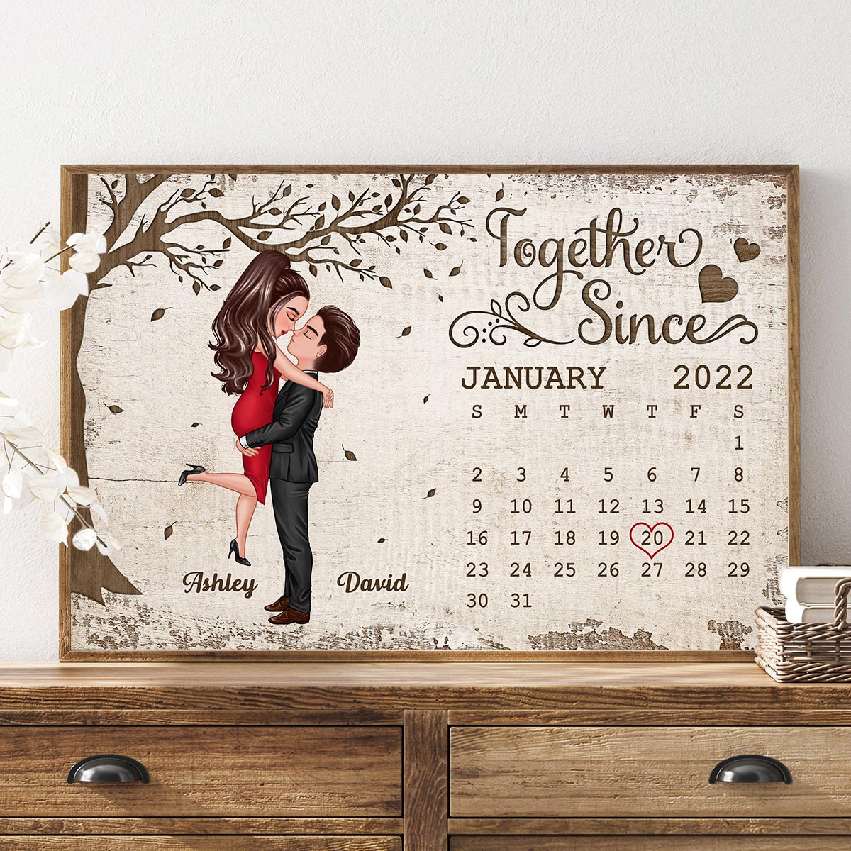 Couple Hugging Kissing Under Tree Anniversary Date Calendar Personalized Horizontal Poster