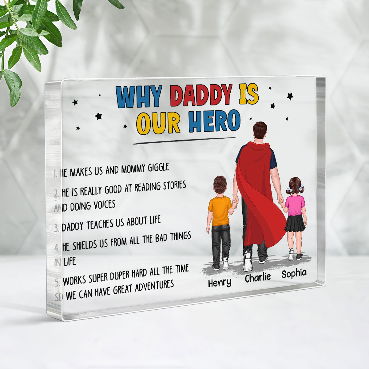 Why Daddy Is My Hero Family Walking Back View Personalized Horizontal Rectangle Acrylic Block Plaque