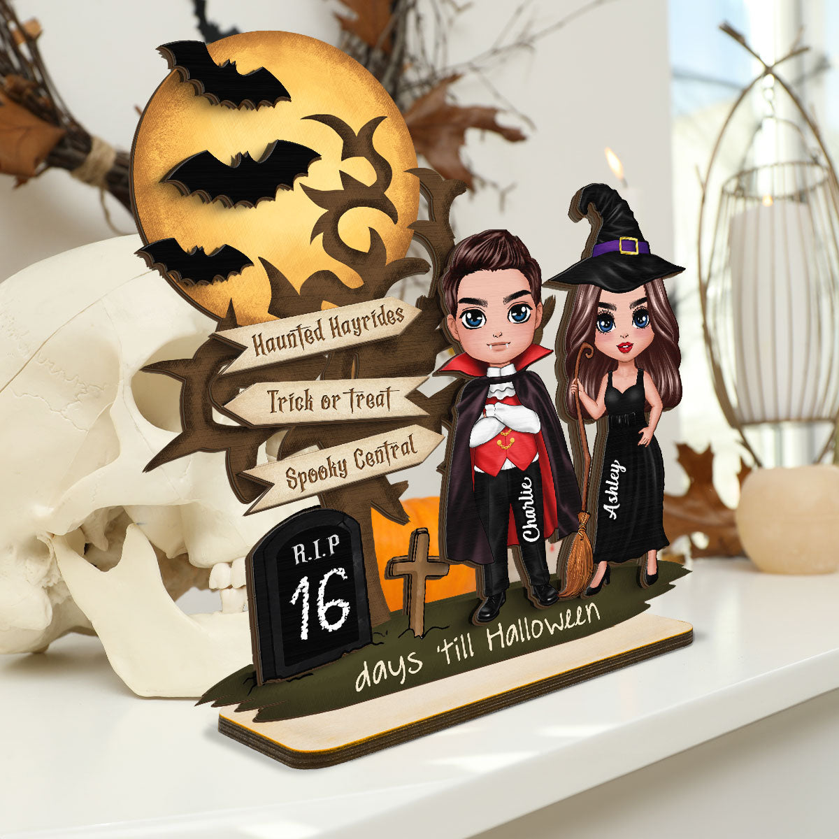 Couple Halloween Countdown Moon Bat Tree Personalized 2-Layer Standing Wooden Plaque