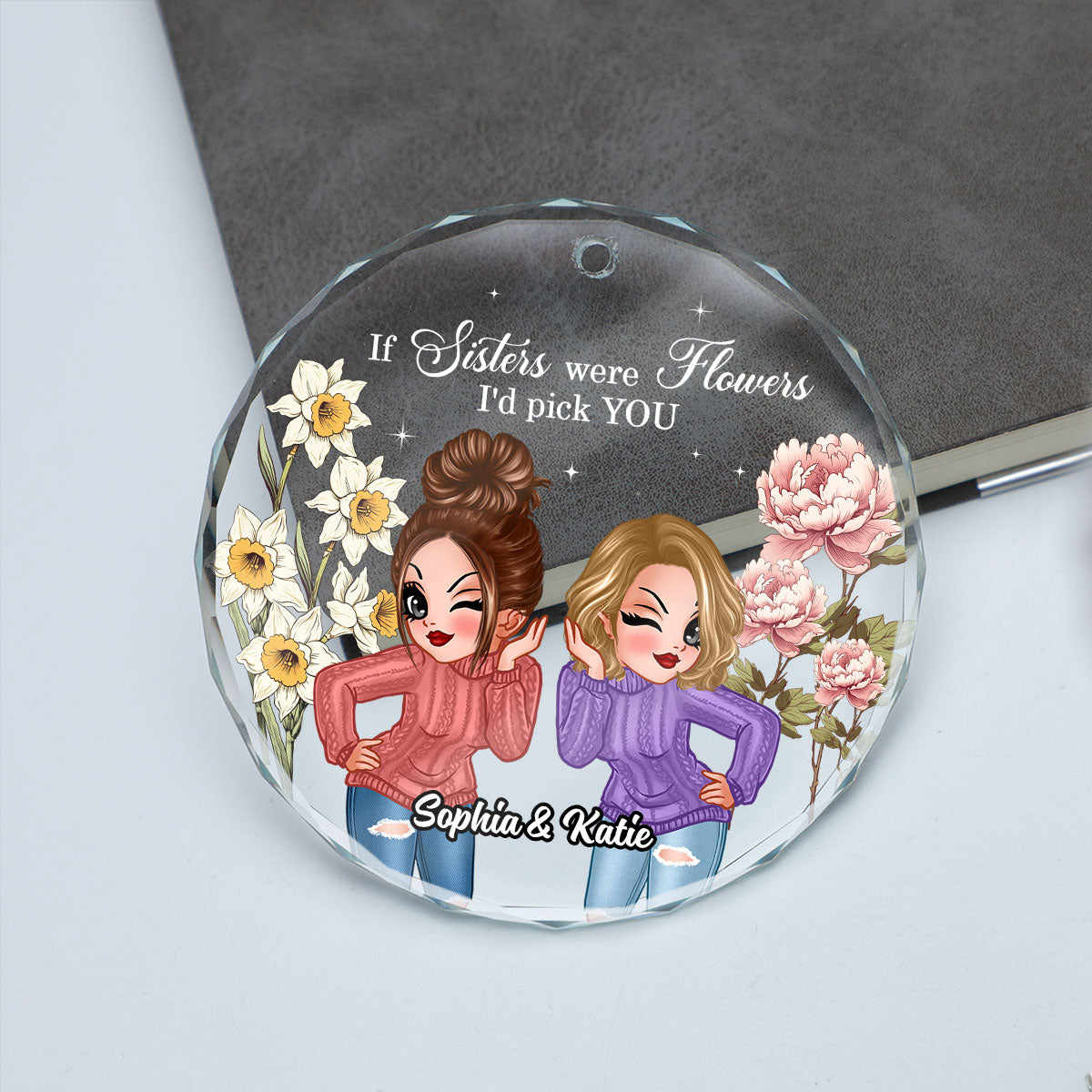 Besties Sisters Birth Month Flowers Personalized Glass Ornament, Christmas Gift For Best Friends