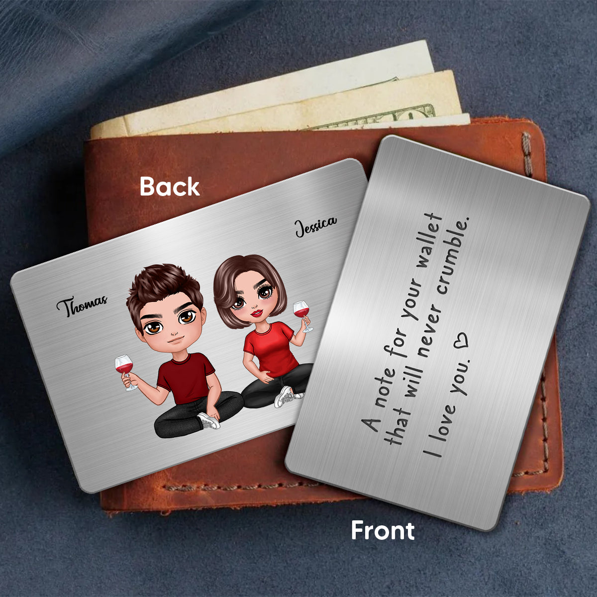 My Love Will Never Crumble Custom Message Doll Couple Sitting Personalized Metal Wallet Card