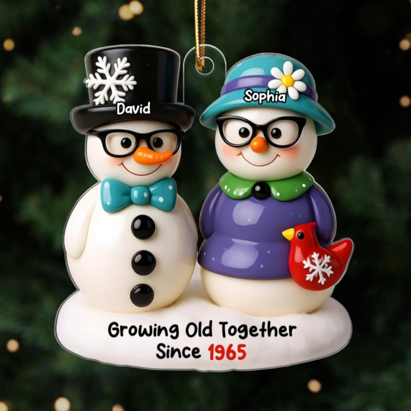 Snowman Couple Growing Old Together Personalized Acrylic Ornament, 3D Effect Ornament for Couple