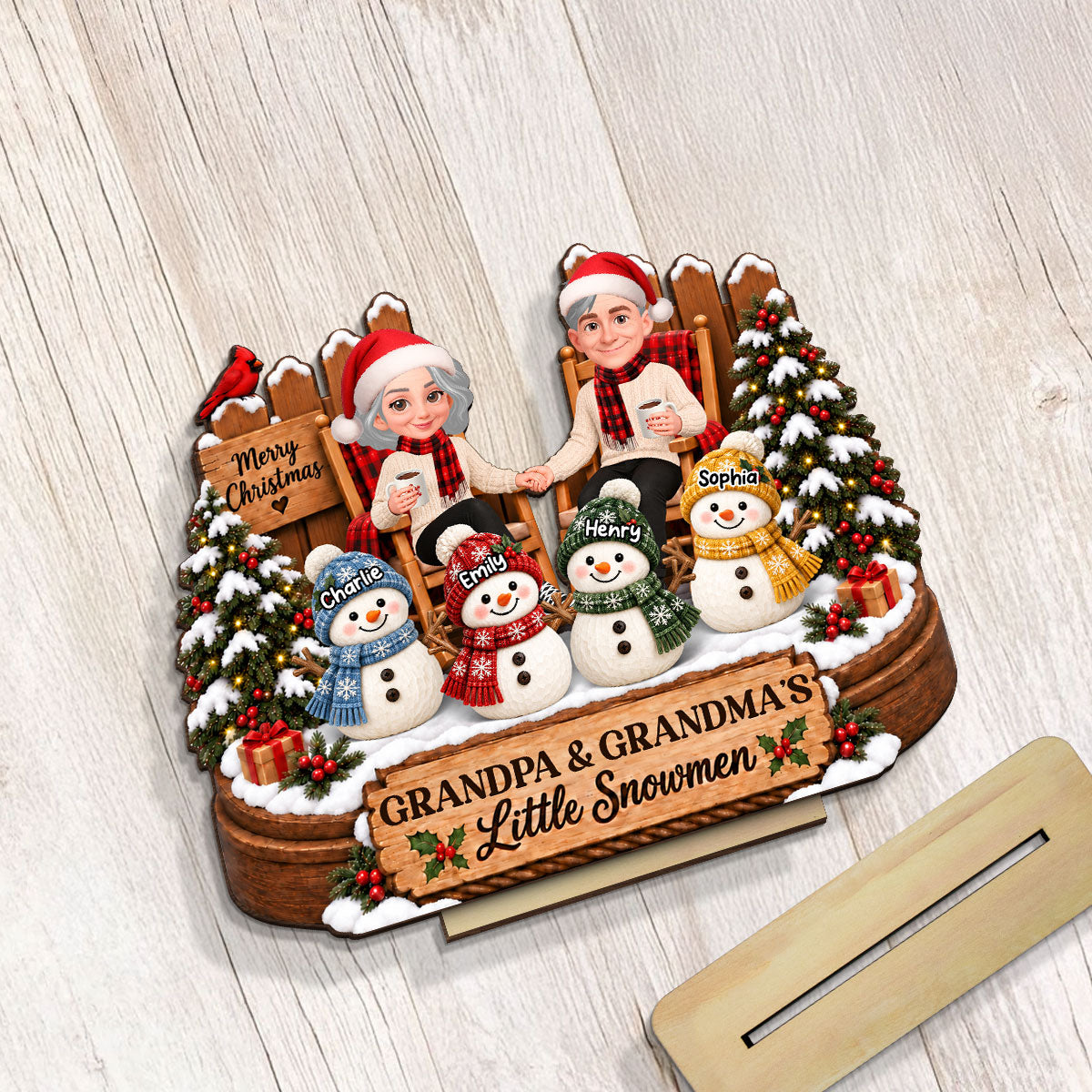 Grandpa & Grandma's Little Snowmen - Personalized 2-Layered Wooden Plaque - Christmas Gift For Grandparents