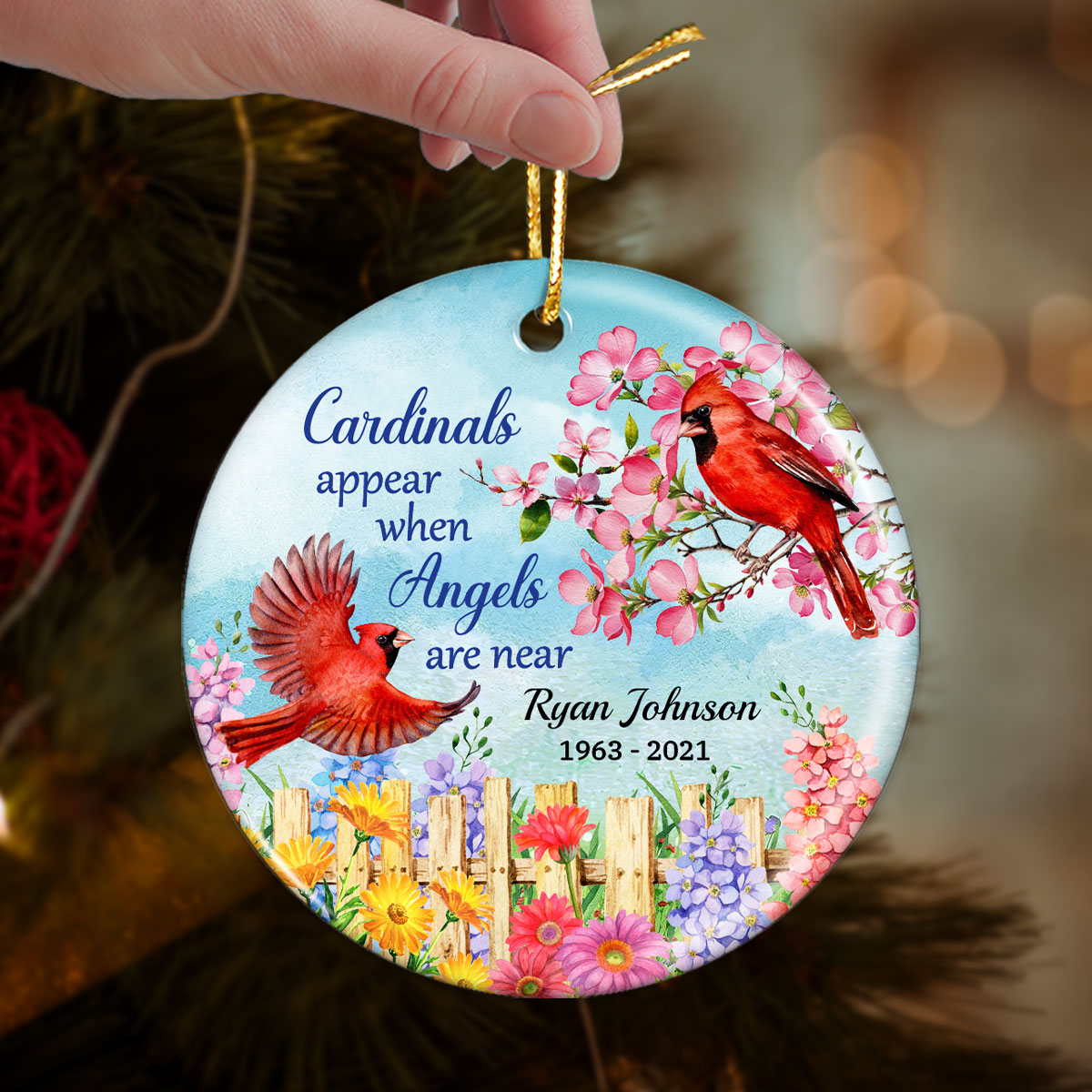 Cardinal Flowers Memorial Personalized Circle Ornament