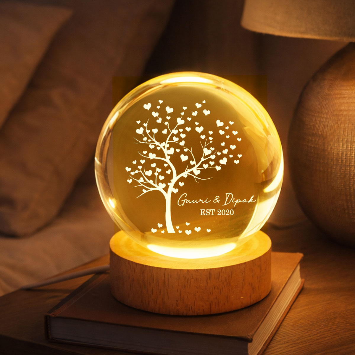 Tree Of Love Couple - Personalized Crystal Ball LED Night Light - Anniversary, Valentine's Day Gift, Gift For Him, Gift For Her