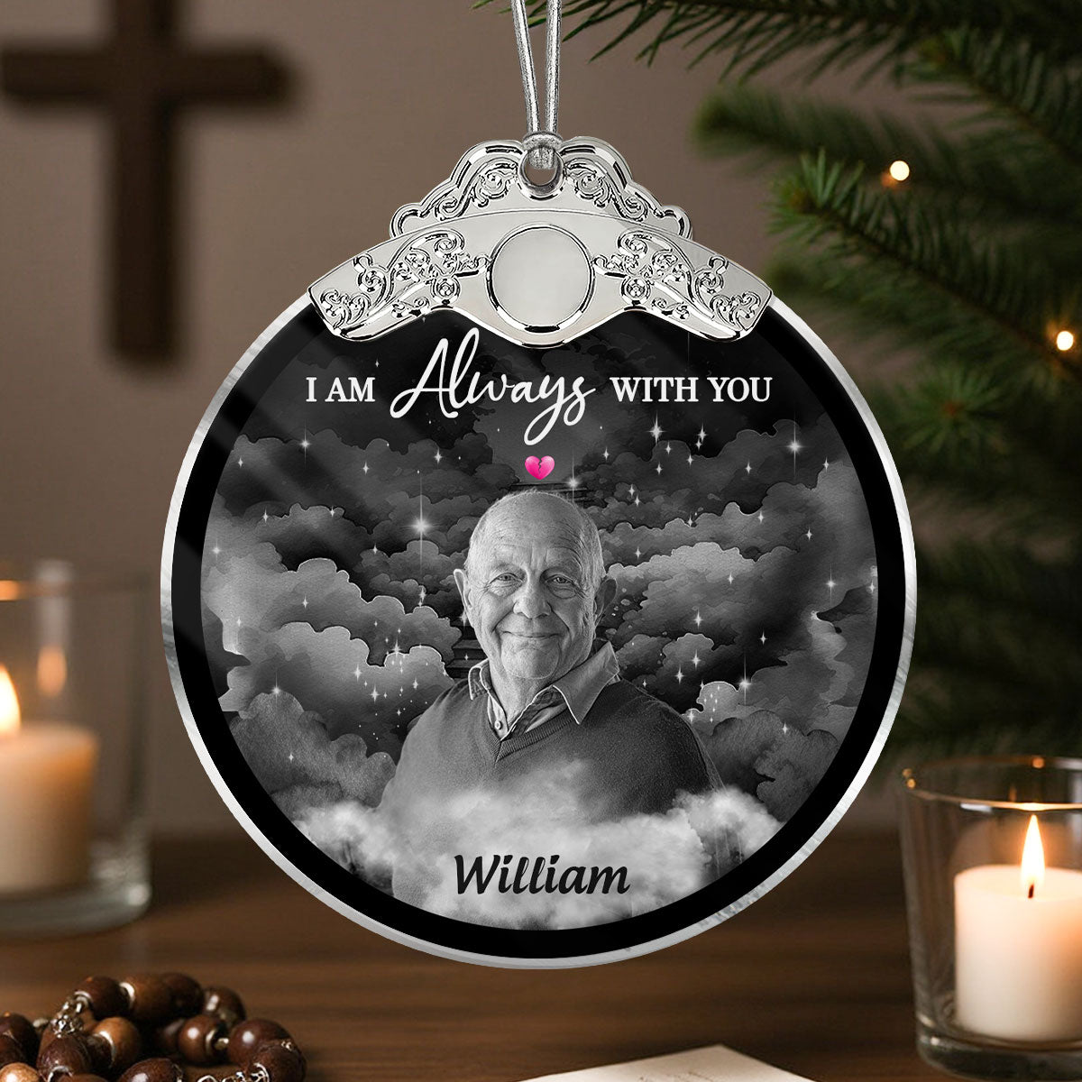 I Am Always With You Memorial Photo Christmas Family Remembrance - Personalized Glass Ornament With Silver Cap