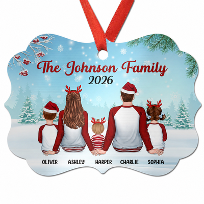 Family In Snow Back View Personalized Christmas Aluminium Ornament