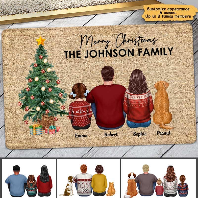 Family Christmas Family Back View Couple Kid Dog Cat Personalized Doormat
