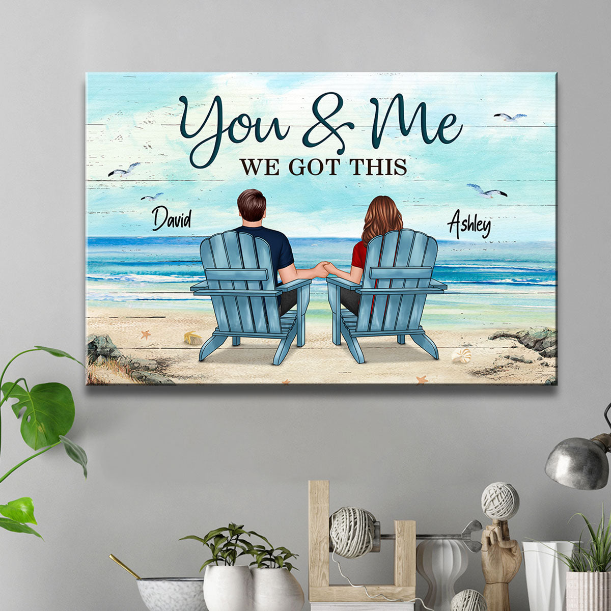 Back View Couple Sitting Beach Landscape Personalized Canvas Print