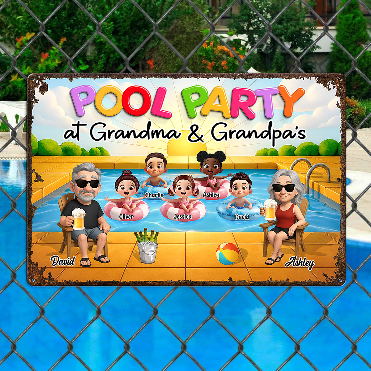 Pool Party At Grandma Grandpa Personalized Metal Sign, Grandparents Hosting Grandkids
