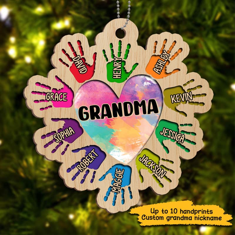 Grandma Heart Handprint Personalized Wooden Ornament