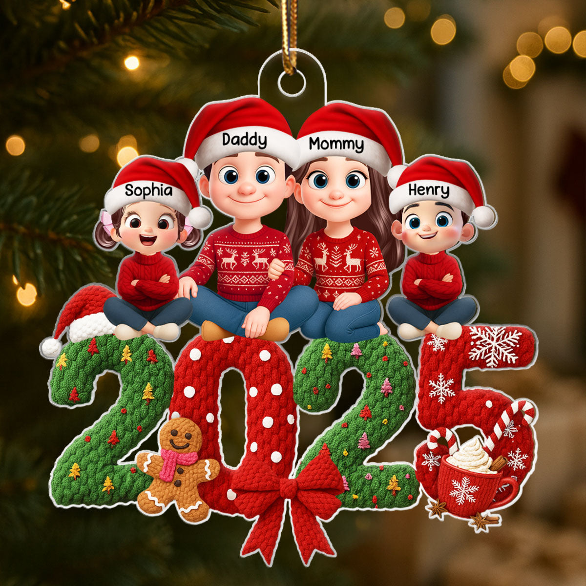 Family Sitting 2025 Latch Hook Yarn Faux - Personalized Acrylic Ornament - Christmas Gift for Family