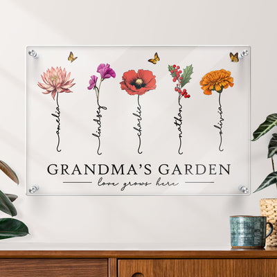 Grandma‘s Garden Love Grows Here Beautiful Birth Month Flower Gift For Grandma Mom Personalized Acrylic Board Wall Art