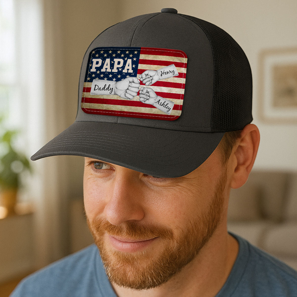 Dad Grandpa Papa Fist Bumps Nation Flag Personalized Leather Patch Hat