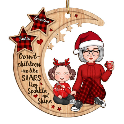 Grandchildren Are Like Stars Grandma Grandkids Sitting On Moon Personalized Wooden Ornament