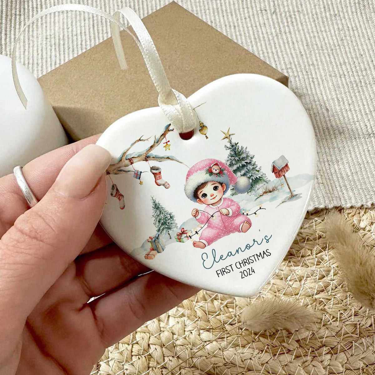 Watercolor Woodland Baby's First Christmas Personalized Heart Shaped Ceramic Ornament, Christmas Gift Keepsake for New Mom New Dad