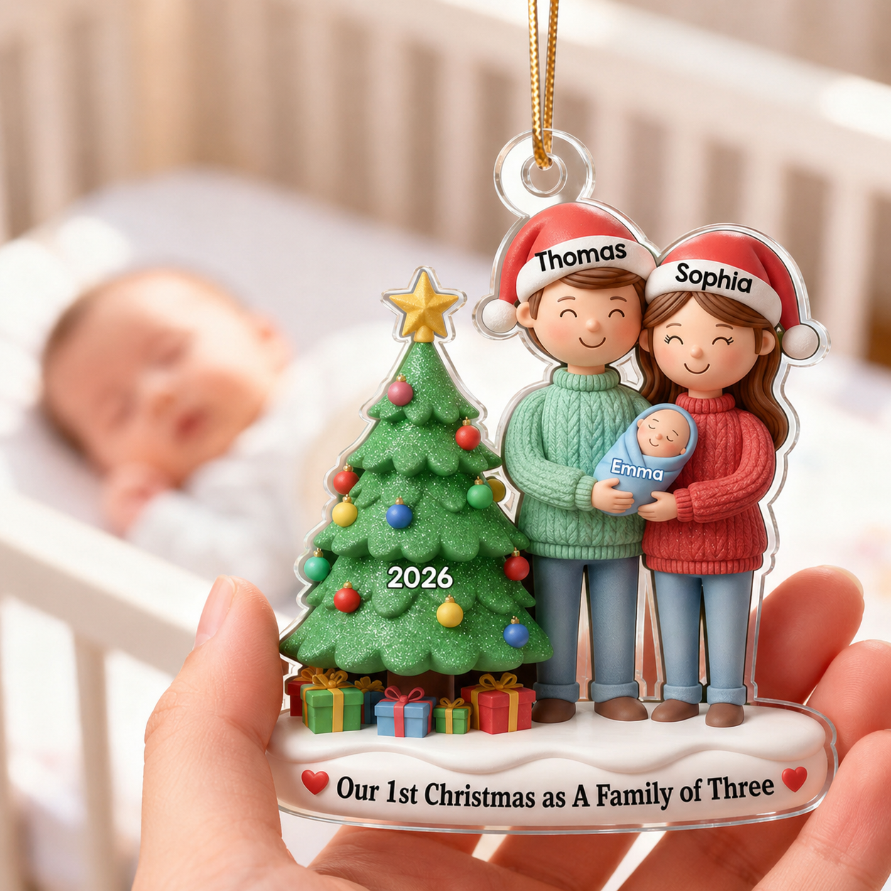 3D Effect First Christmas As Family Of Three Mom Dad & Baby By Tree - Personalized Acrylic Ornament