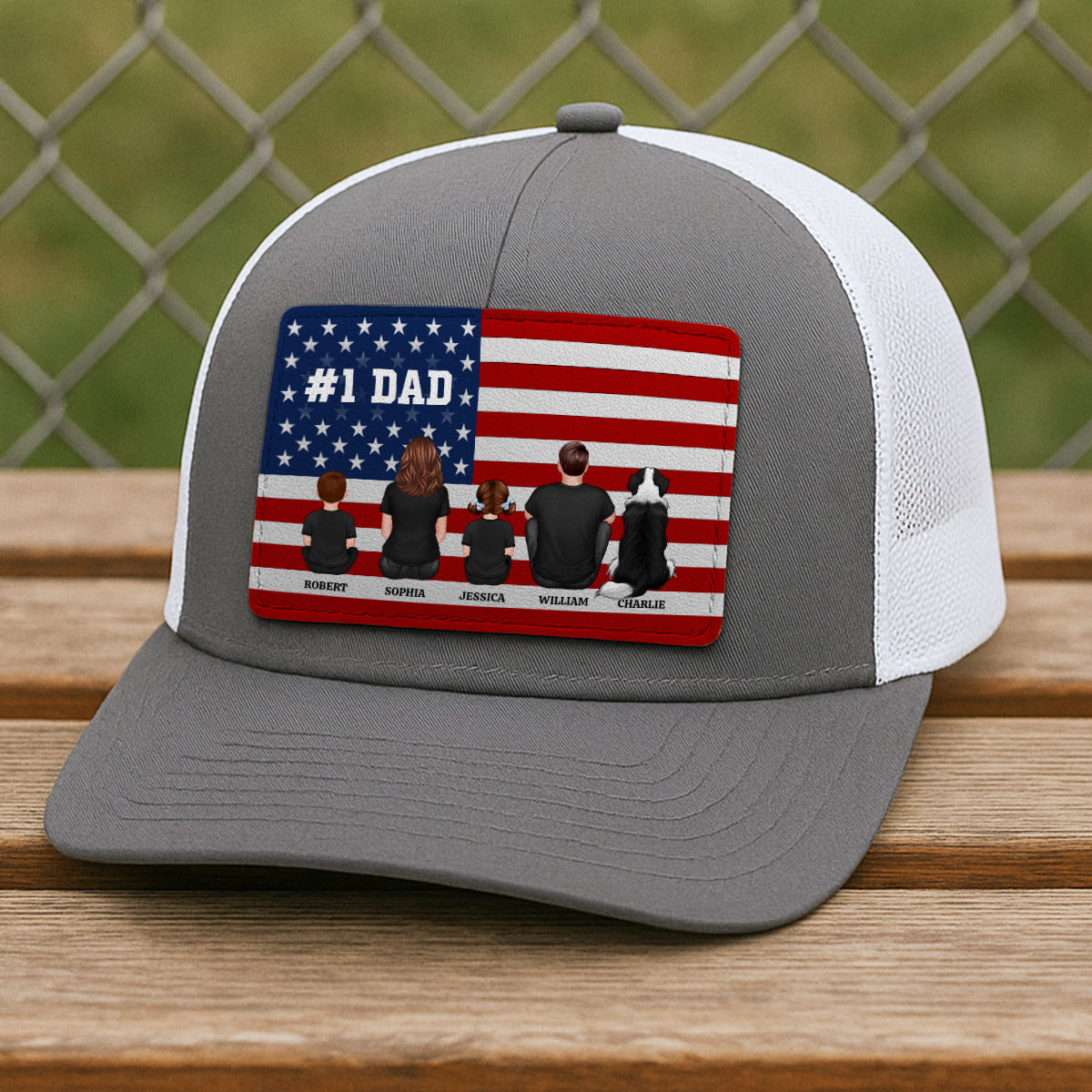 Nation Flag Dad And Kids Sitting Personalized Leather Patch Hat, Gift For Dad