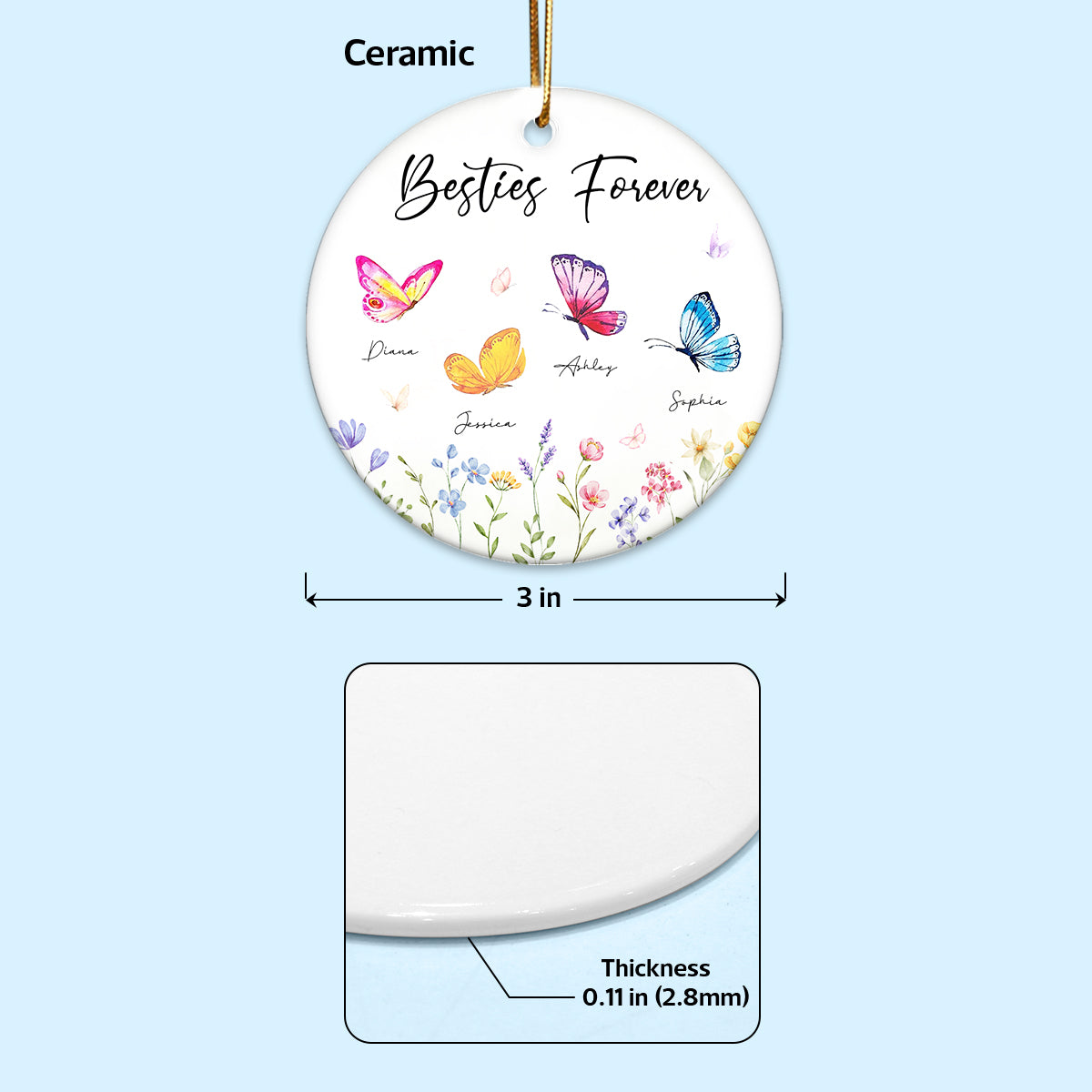 Besties Sisters Grandma Mom Beautiful Butterflies Personalized Circle Ceramic Ornament