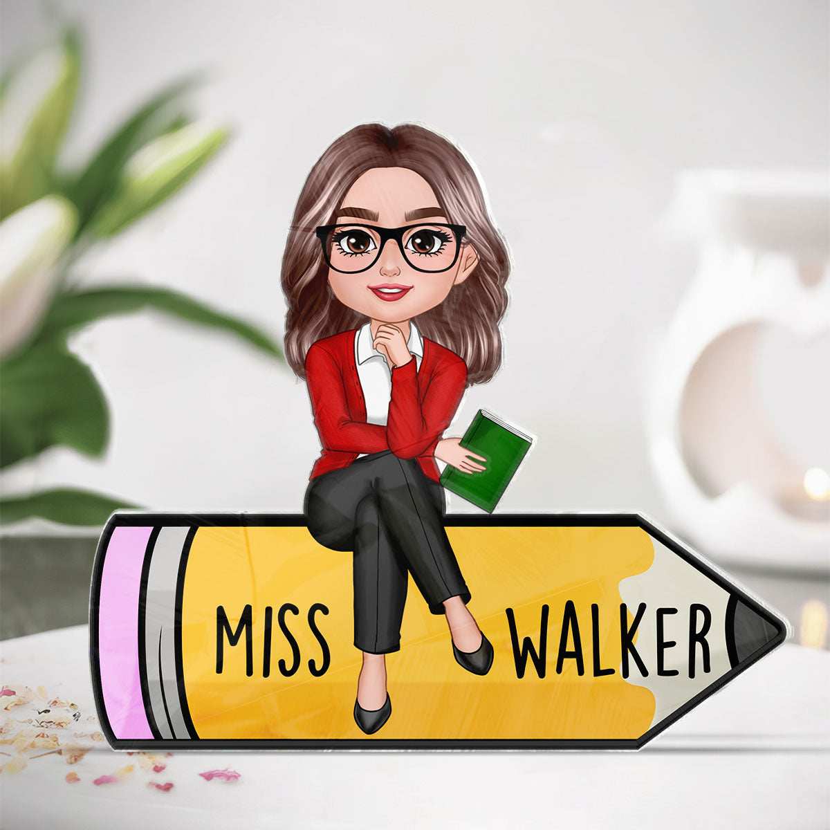 Doll Teacher Sitting On Pencil Personalized Acrylic Block Plaque