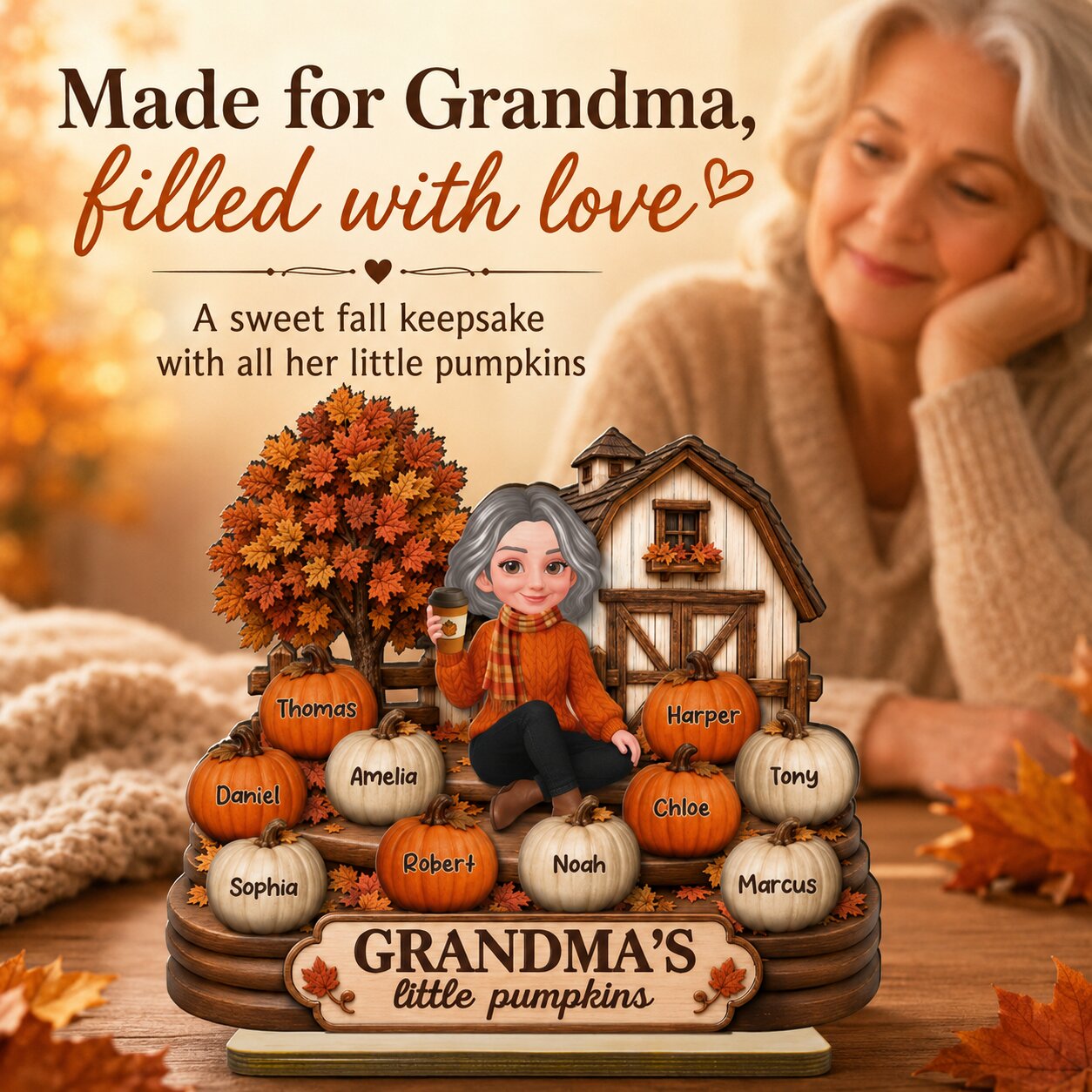 Fall Season Cozy Warm Farmhouse Style Grandma's Little Pumpkins - Personalized 2-Layered Wooden Plaque - Fall Decor For Grandma