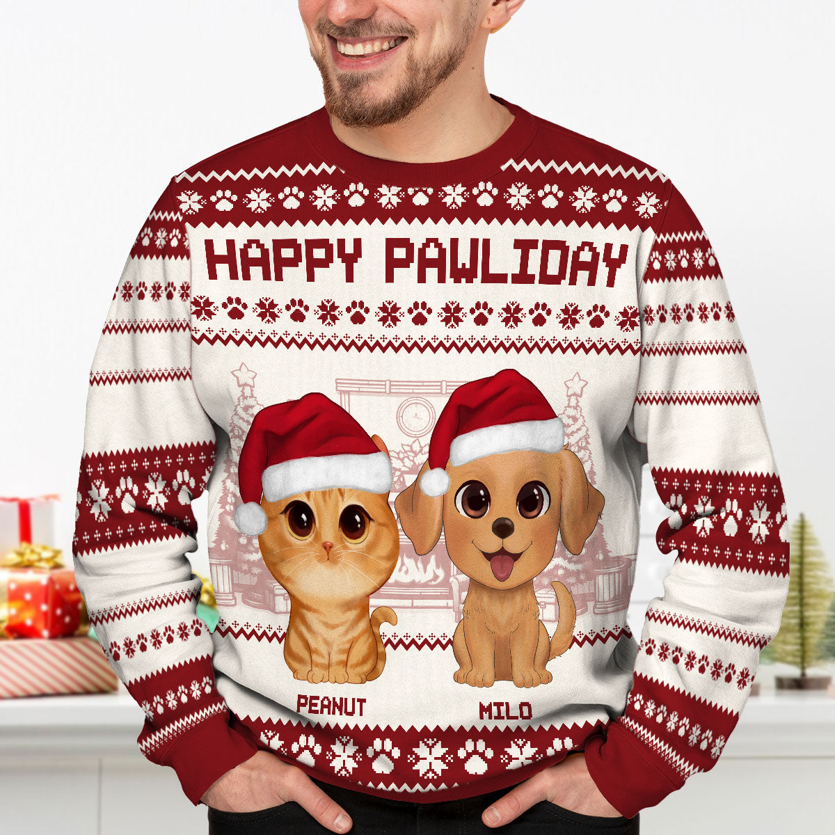 Happy Pawliday Watercolor Cute Dogs Cats Christmas Personalized Faux Knitting Ugly Sweater, Gift For Dog Cat Pet Lovers