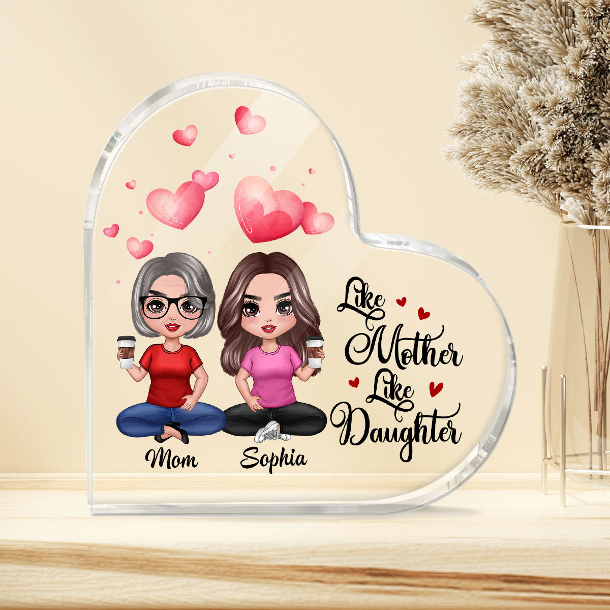 Watercolor Hearts Doll Mom And Daughters Sitting Personalized Heart Acrylic Plaque