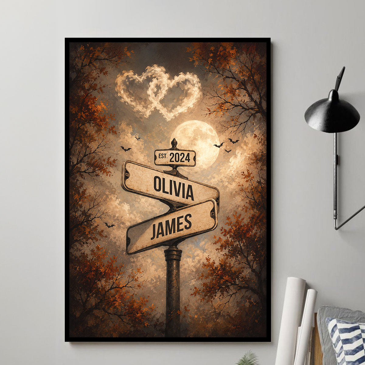 Spooky Halloween Full Moon Couple Street Sign - Personalized Poster - Custom Name And Date, Gift for Him, for Her