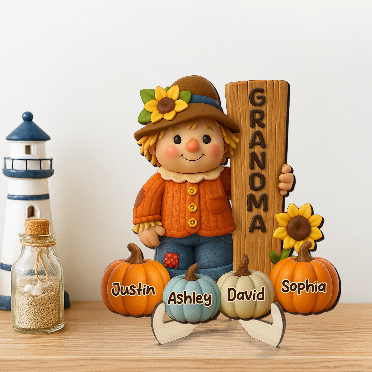 Grandma Scarecrow Standing Grandkids Pumpkins 3D Effect Personalized 2-Layer Wooden Plaque