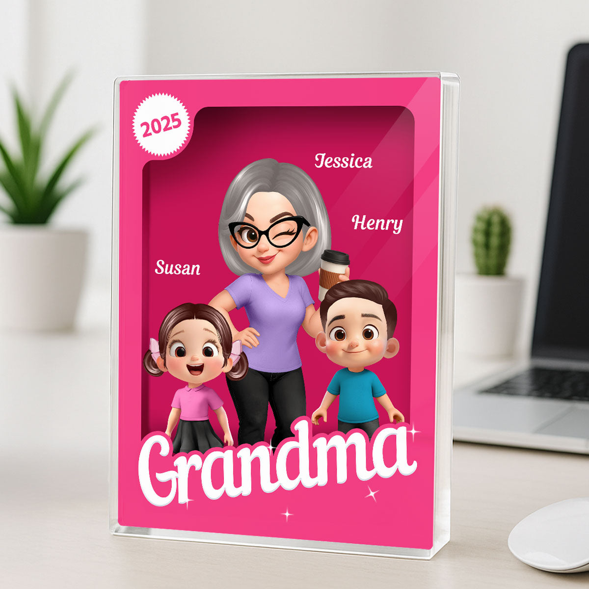 Grandma Grandkids 3D Effect Pink Action Figure Personalized Acrylic Block