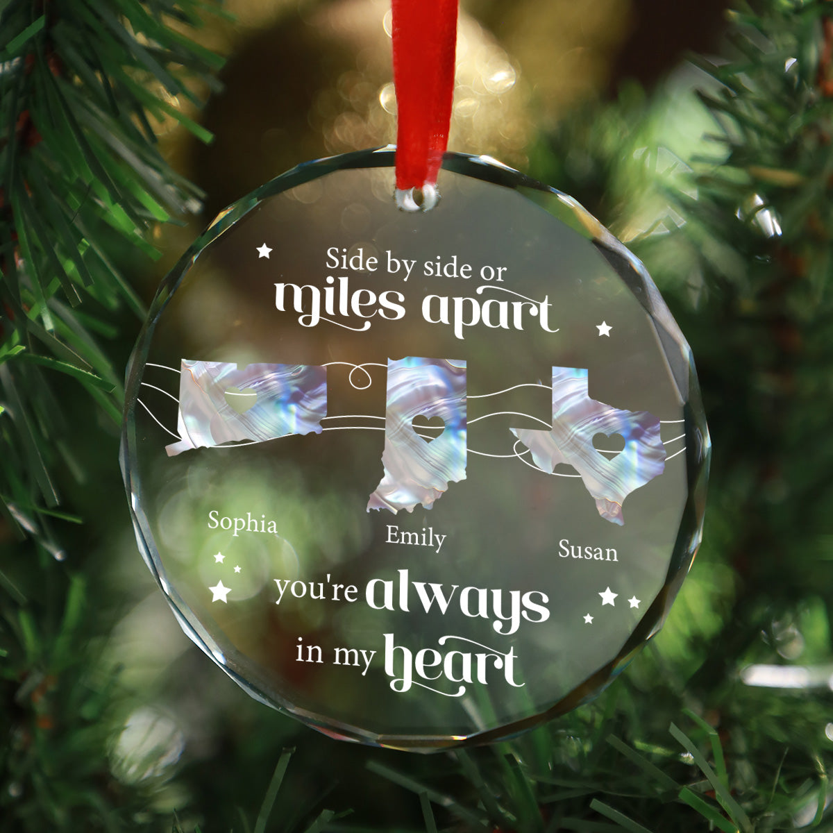 The Miles Don't Matter Long Distance Pearl Theme State Map - Personalized Glass Ornament - Relationship Gift For Besties, Family Members, Siblings