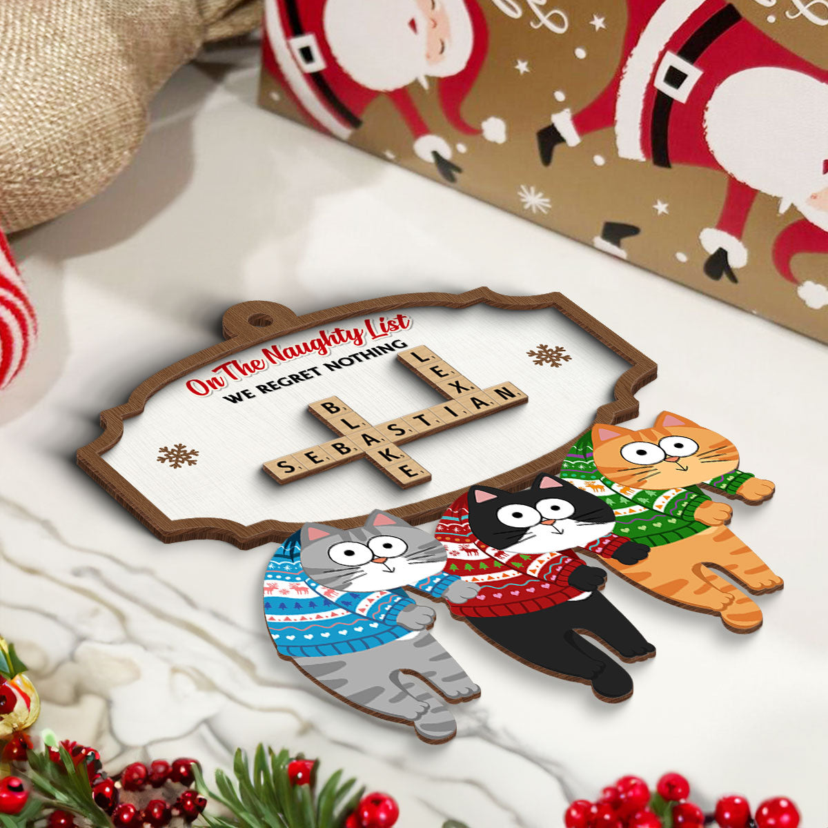 On The Naughty List We Regret Nothing Crossword Puzzle Art Personalized 2-Layer Wooden Ornament, Unique Christmas Gift For Cat Owners