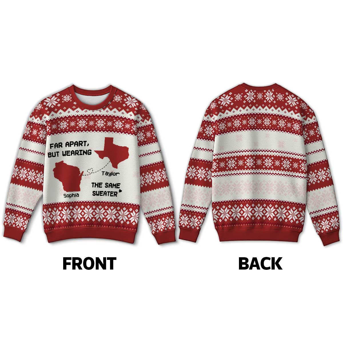 Long Distance State Map Funny Gift For Couple, Family & Friends Personalized Faux Knitting Ugly Sweater