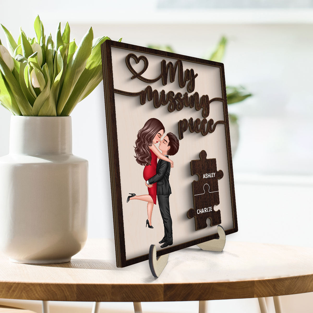 My Missing Piece Valentine‘s Day Gift For Her Gift For Him Dark Wood Themed Personalized 2-Layer Wooden Plaque