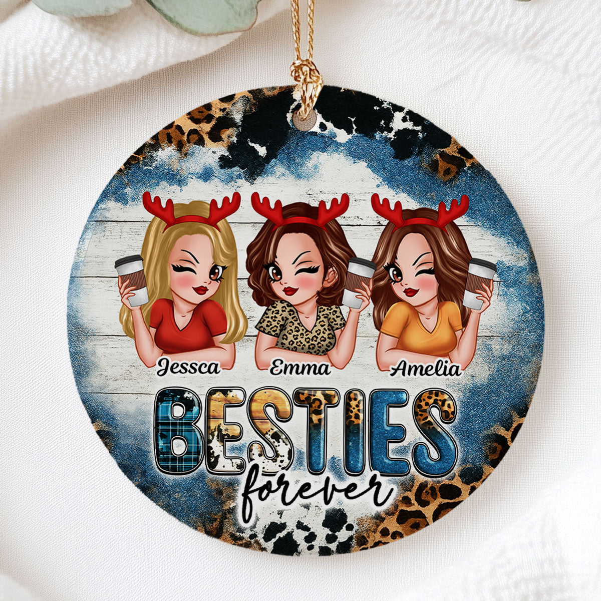 Besties Forever Western Christmas Personalized Ceramic Ornament, Christmas Gift for Best Friends, Sisters