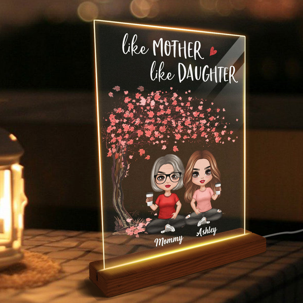 Doll Mother And Daughter Under Pink Tree Personalized Rectangle Acrylic LED Night Light